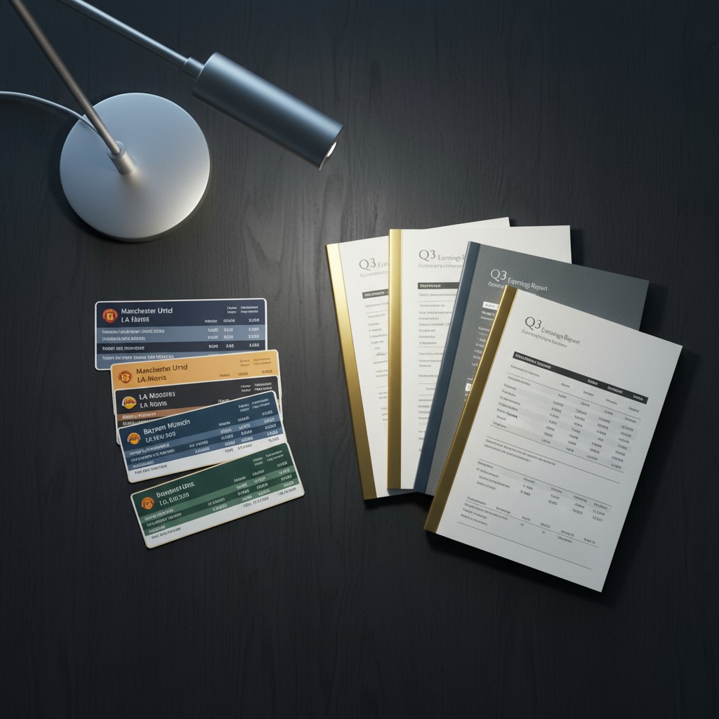 A cluttered desk with a lamp, papers, and business cards.