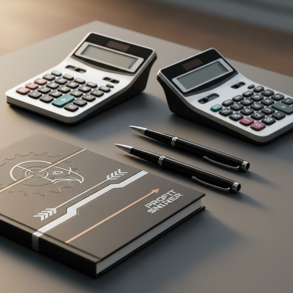 Two calculators and two pens and a book with a design that says "PROFIT SNIPER", on a gray surface.