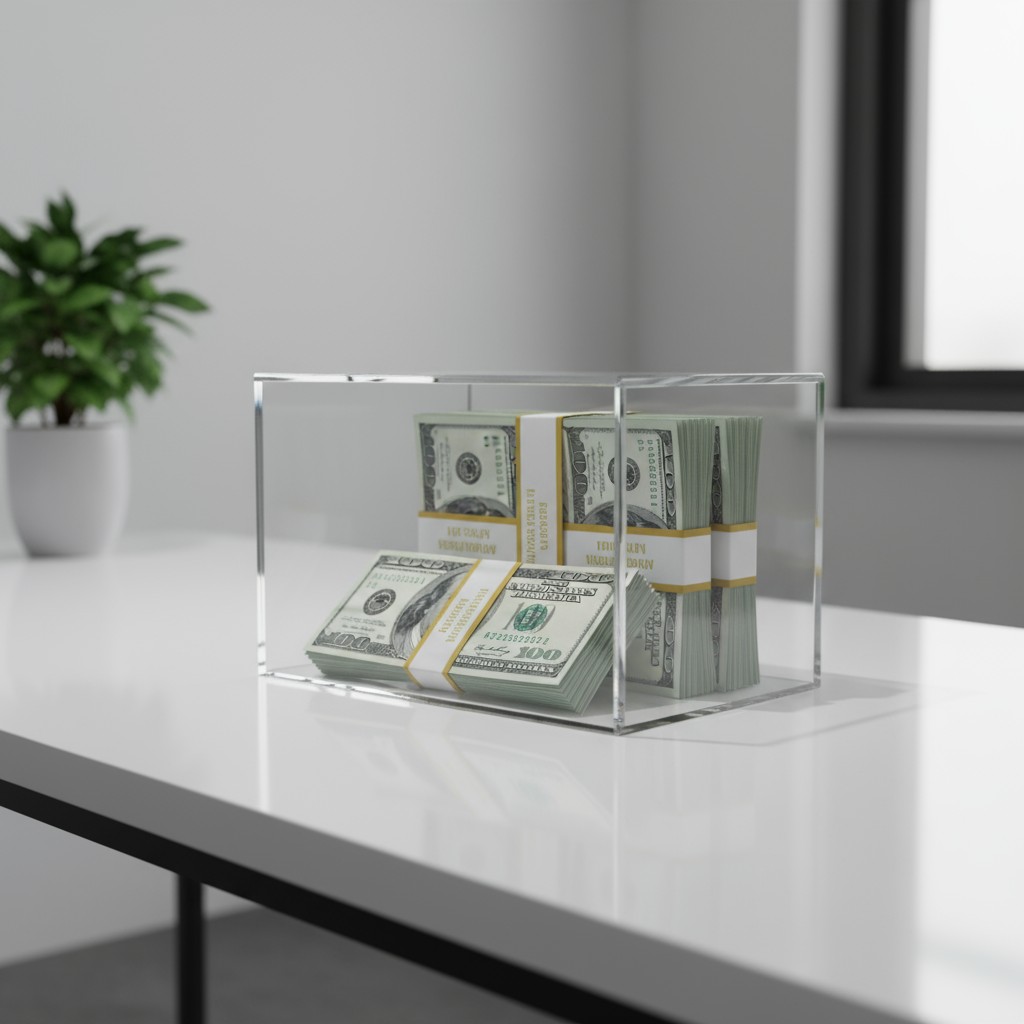 A clear acrylic display case with a stack of US currency, likely hundred-dollar bills, on a sleek white floor and table.