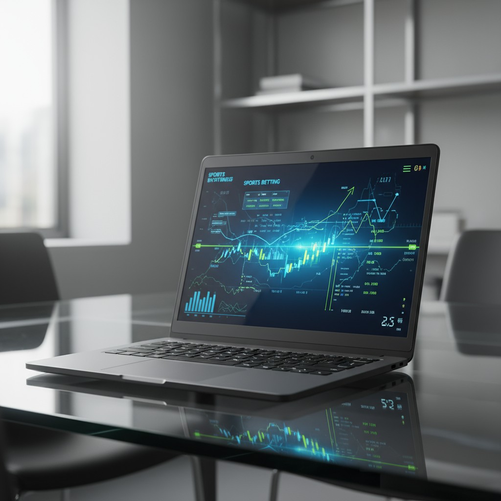 The laptop screen displays a stock market graph.